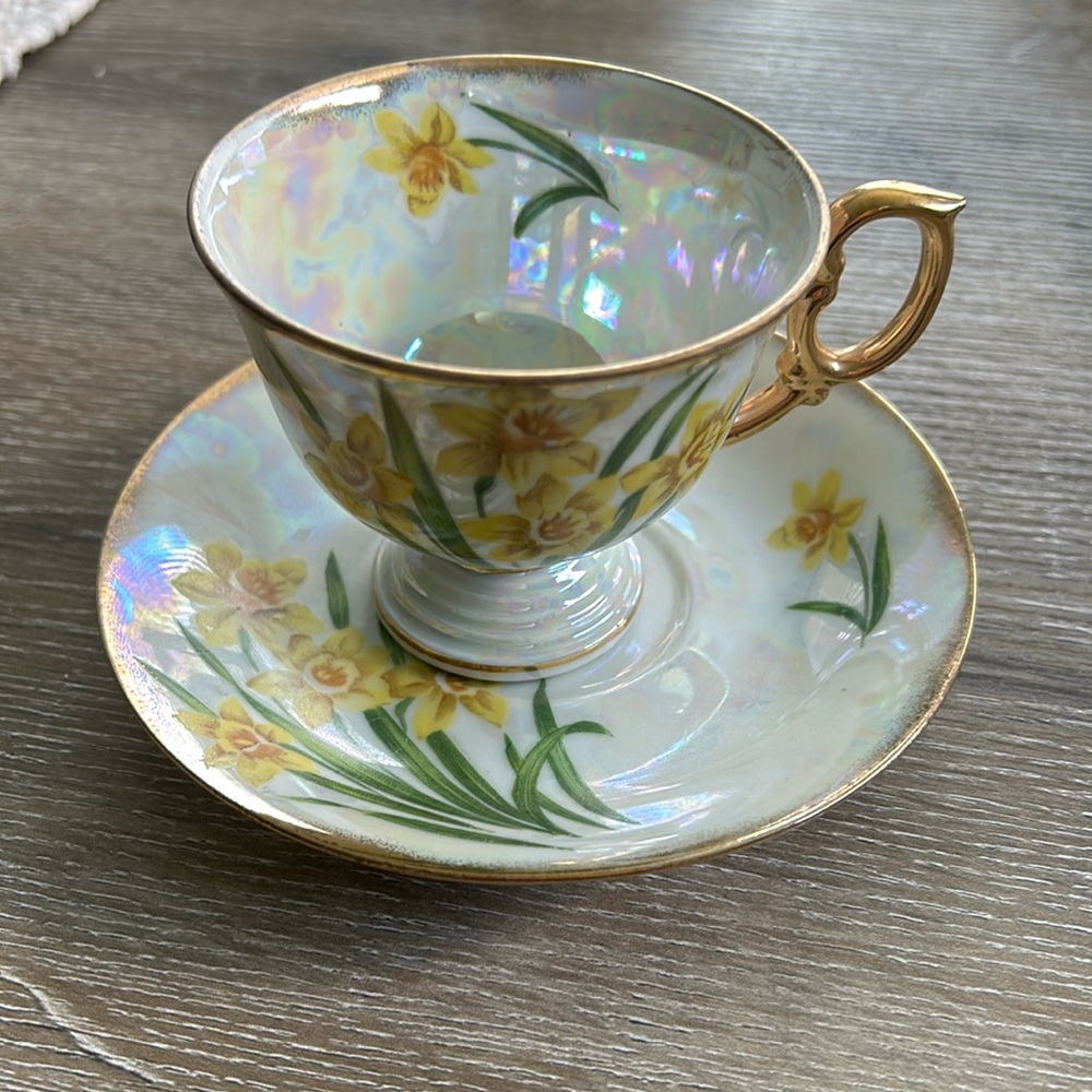Vintage Japan Flower of the Month March “Daffodil” lusterware footed cup/saucer